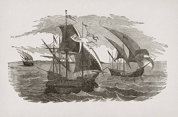 Hern&#225;n Cort&#233;s fleet sailing to Mexico vector art illustration