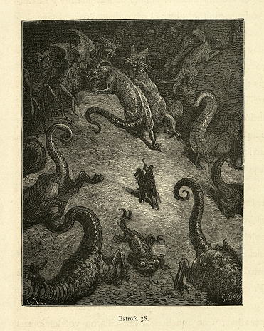 Vintage illustration from the story Orlando Furioso. Hero surrounded and attacked by monsters. Orlando Furioso (The Frenzy of Orlando) an Italian epic poem by Ludovico Ariosto, illustrated by Gustave Dore. The story is also a chivalric romance which stemmed from a tradition beginning in the late Middle Ages.