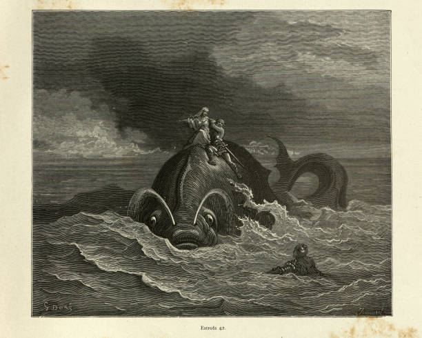 Heroes riding of back of Sea monster, or whale Vintage illustration from the story Orlando Furioso. Heroes riding of back of Sea monster, or whale. Orlando Furioso (The Frenzy of Orlando) an Italian epic poem by Ludovico Ariosto, illustrated by Gustave Dore. The story is also a chivalric romance which stemmed from a tradition beginning in the late Middle Ages. mythology stock illustrations
