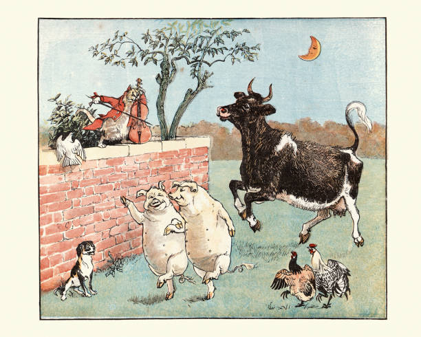 Hey Diddle Diddle, The Cat and the Fiddle, Nursery Rhyme Vintage illustration of by Randolph Caldecott from the Nursery Rhyme, Hey Diddle Diddle. Hey Diddle Diddle, The Cat and the Fiddle, The Cow Jumped Over the Moon pig drawings stock illustrations