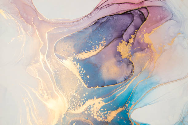 High resolution luxury abstract fluid art painting in alcohol ink technique, mixture of blue and purple paints. Imitation of marble stone cut, glowing golden veins. Tender and dreamy design. Alcohol ink painting texture. Modern art. Hand painted. painted image stock illustrations