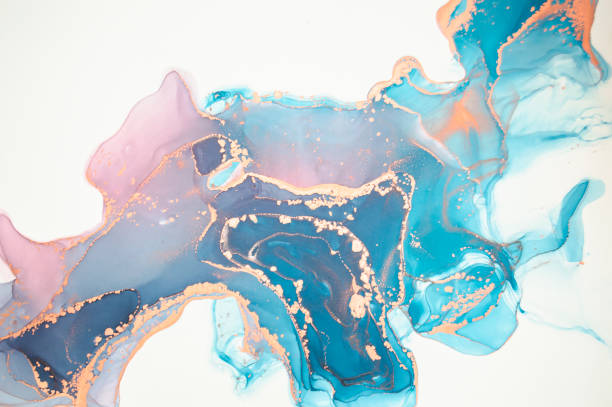 High resolution luxury abstract fluid art painting in alcohol ink technique, mixture of blue and purple paints. Imitation of marble stone cut, glowing golden veins. Tender and dreamy design. Alcohol ink painting texture. Modern art. Hand painted. modern art stock illustrations