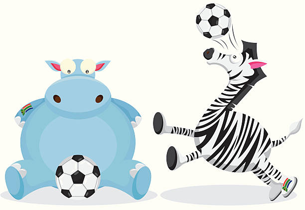 Hippo and Zebra play with Soccer Ball Vector Design Wild animal Hippo and Zebra play with soccer ball. pink soccer balls stock illustrations