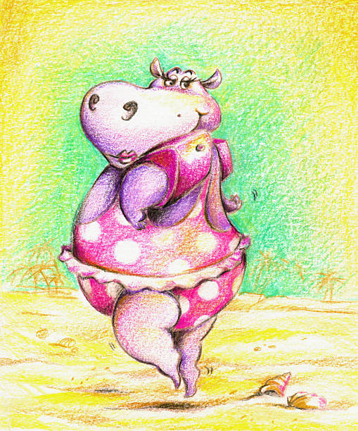 Hippo Cute hippo goes swimming.Picture I have created with colored pencils. big fat girl drawing stock illustrations