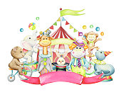 istock Hippopotamus, giraffe, bear, seal, rabbit, elephant, monkey. Watercolor clipart, on an isolated background, cute animals, on the background of a circus tent. 1418695138