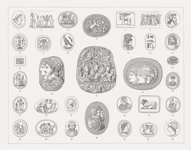 Historical engraved gems and cameos, wood engravings, published in 1897 Engraved gems and cameos: 1) Ancient indian gem (700 - 900 AD); 2) Priest and King guarded by two lions - Babylonian-Persian cylinder gem; 3) Five out of seven against thebes (Oedipus Trilogy) - Etruscan gem; 4) Greek cameo of Athenion (Greek mythology); 5) Horse with Egyptian winged sun disk - Ancient Greek cylinder gem; 6) Animal sacrifice ritual - Assyrian cylinder gem; 7) Persian gem; 8) Abraxas gem; 9) Thanatos and Semele - Etruscan glass flux; 10) Egyptian cameo; 11) Athena - Greek gem by Aspasios (1st century BC); 12) Flat base of an Egyptian scarab amulet with the inscription Thutmose III; 13) Zeus after the victory over the giant - Ancient Greek cameo; 14) The death of the holy martyr (Diocletian era) - Roman-Early Christian gem; 15) Cameo Gonzaga (3rd century BC); 16) Egyptian gem; 17) Great Cameo of France (1st century AD); 18) Seal of Michelangelo; 19) Ancient cameo (Berlin, Germany); 20) Alaric I - Gothic gem; 21) Two nymphs crown a Pan figure - Gem by Giovanni Pichler (1734 - 1791); 22) Gem from Cerbara (Piagge, Italy); 23) Gem of Pericles, engraved by N. Marchant (? - 1812); 24) Gem of François I and the battle of Marignan, attributed to Matteo Dal Nassaro (around 1515); 25) Italian gem of a lion (16th century); 26) Saint George - Byzantine gem; 27) Thetis watching as Hephaestus makes armor for Achilles (Greek Mytholog), engraved gem by Alexander Calandrelli  (1834 - 1903); 28)  29) Gem of Homer, engraved by Giovanni Pichler (1734 - 1791); 30) Shell cameo of Hendrick Goltzius and Henry (IV) the Great, engraved by Julien de Fontenay, named Coldoré (ca. 1540 - 1610); 31) Gem of Apollo, engraved by Jacques Guay (1711 - 1793); 32) Gem of Amor und Satyr, engraved by William Brown; 33) Minerva - Gem, engraved by Roman-Vincent Jeuffroy (1749 - 1826). Wood engravings, published in 1897. cameo brooch stock illustrations