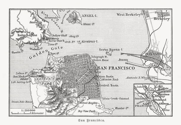 Historical map of San Francisco and surroundings, woodcut, published 1897 Historical city map of San Francisco and surroundings, California, USA. Wood engraving, published in 1897. alcaraz stock illustrations