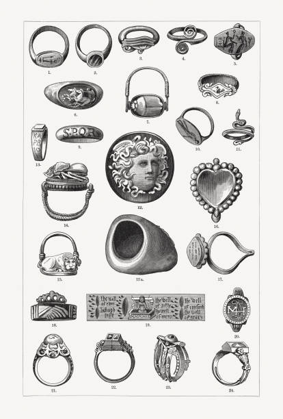 Historical rings, wood engravings, published in 1897 Historical rings: 1+3) Ancient Egyptian glazed clay ring; 2) Golden ring of an ethiopian queen (Roman Empire); 4) Greek bronze ring (8th century BC); 5) Gold ring from Mycenae (12th - 15th centur BC); 6) Gold ring with cut sardonyx (Rome, early imperial period); 7) Ancient Egyptian signet ring with rotatable seal; 8) Greek gold ring (6th century BC); 9) Gilded bronze ring (Roman Empire); 10) Greek ring (4th century BC); 11) Greek gold ring (prosperity period); 12-12a) Roman ring with cameo (during emperor Augustus); 13-15) Etruscan gold rings (5th to 6th century BC); 16) Indian Mirror Ring for women (Bronze); 17) Signet ring of an Indian Brahmin (gold); 18) Anglo-Saxon engagement ring; 19) English amulet ring (15th century); 20) Ring of Henry Stuart, Lord Darnley (Scotland); 21) Ring of Frederick the Great (Prussia); 22-23) Wedding rings of Martin Luther and Katharina von Bora; 24) Ring of Charles I of England. Wood engravings, published in 1897. cameo brooch stock illustrations