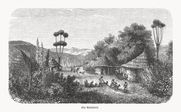 illustrazioni stock, clip art, cartoni animati e icone di tendenza di vista storica di un villaggio di batta, africa centrale, xilografia, 1893 - camerun