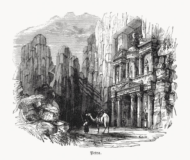 stockillustraties, clipart, cartoons en iconen met historical view of al-khazneh, petra, jordan, wood engraving, published 1862 - old stone stair