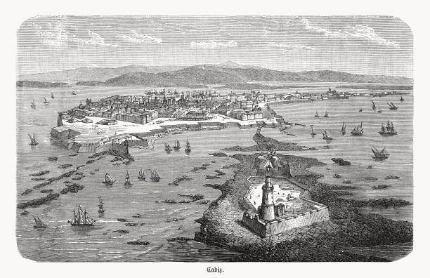 Historical view of Cádiz, Andalusia, Spain, wood engraving, published 1893 vector art illustration