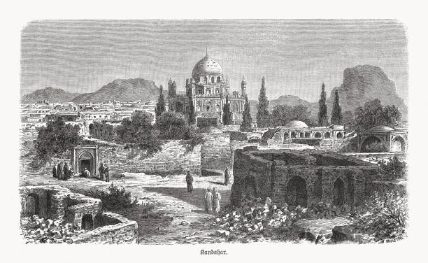 Historical view of Kandahar, Afghanistan, wood engraving, published in 1893 Historical view of Kandahar, Afghanistan. Tomb of Ahmad Shah viewed from the Citadelle. Wood engraving, published in 1893. afghanistan stock illustrations