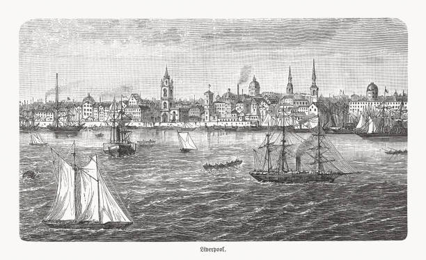 historyczny widok na liverpool, enland, grawerowanie drewna, opublikowane w 1893 roku - liverpool stock illustrations