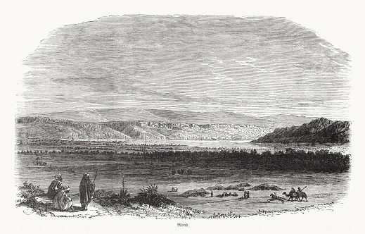 Historical view of Moab - an ancient small state in the Middle East, which is also mentioned in the Old Testament of the Bible. It was a Levantine kingdom whose territory is today located in the modern state of Jordan. The land is mountainous and lies alongside much of the eastern shore of the Dead Sea. The existence of the Kingdom of Moab is attested to by numerous archaeological findings, most notably the Mesha Stele, which describes the Moabite victory over an unnamed son of King Omri of Israel, an episode also noted in 2 Kings 3. The Moabite capital was Dibon. According to the Hebrew Bible, Moab was often in conflict with its Israelite neighbours to the west. Wood engraving, published in 1862.