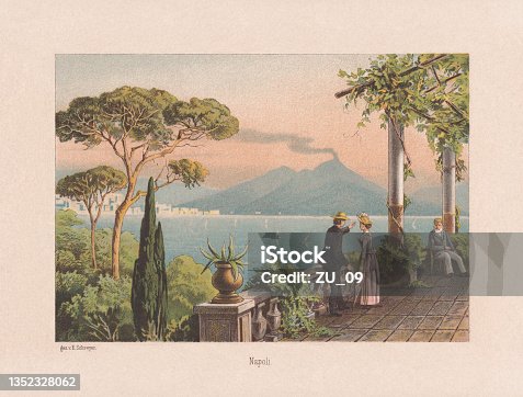 istock Historical view of Naples, Italy with Vesuvius, chromolithograph, published 1890 1352328062