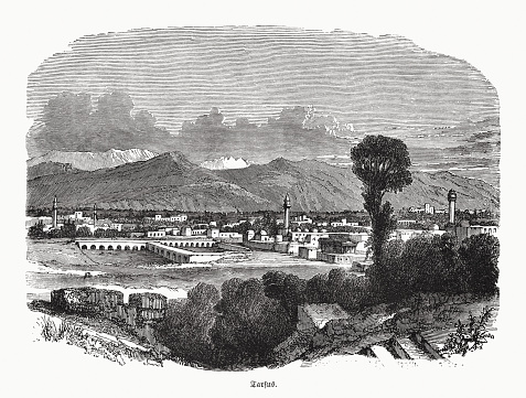 Historical view of Tarsus, Turkey. With a history going back over 6,000 years, Tarsus has long been an important stop for traders and a focal point of many civilizations. During the Roman Empire, Tarsus was the capital of the province of Cilicia. It was the scene of the first meeting between Mark Antony and Cleopatra, and the birthplace of Paul the Apostle. Wood engraving, published in 1862.