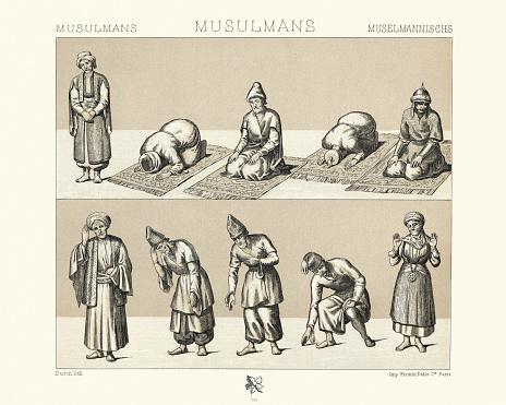 Vintage illustration History of fashion, Muslim men at prayers, 19th Century