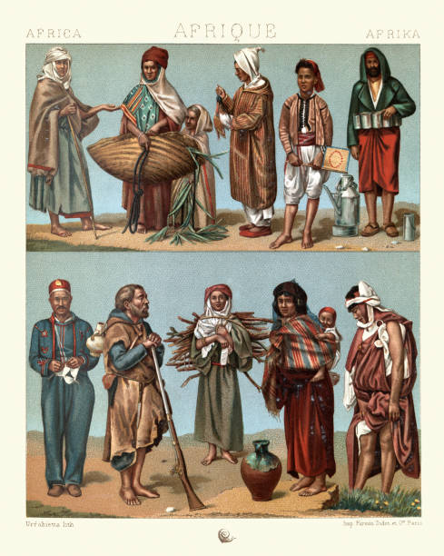 History of Fashion, North Africa, Costumes of the lower classes Vintage illustration of History of Fashion, North Africa, Costumes of the lower classes, female beggar, female gleaner, tunisian soldier, oil seller 19th Century tunisia woman stock illustrations