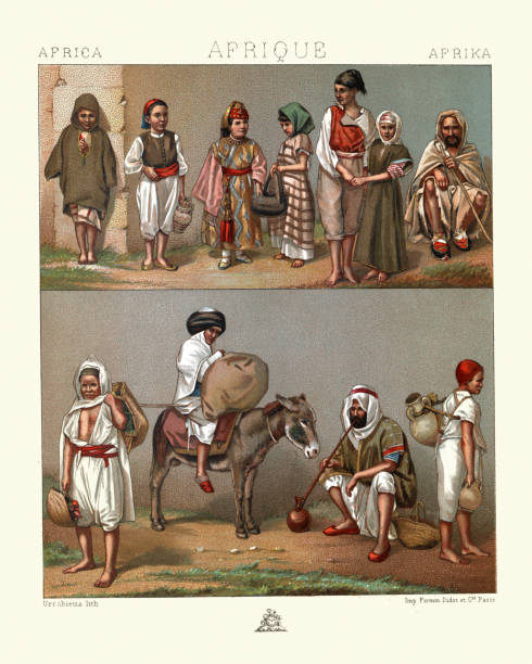 History of Fashion, Traditional costumes, North Africa, Algeria and Tunisia Vintage engraving of History of Fashion, Traditional costumes, North Africa, Algeria and Tunisia, 19th Century. tunisian girls stock illustrations