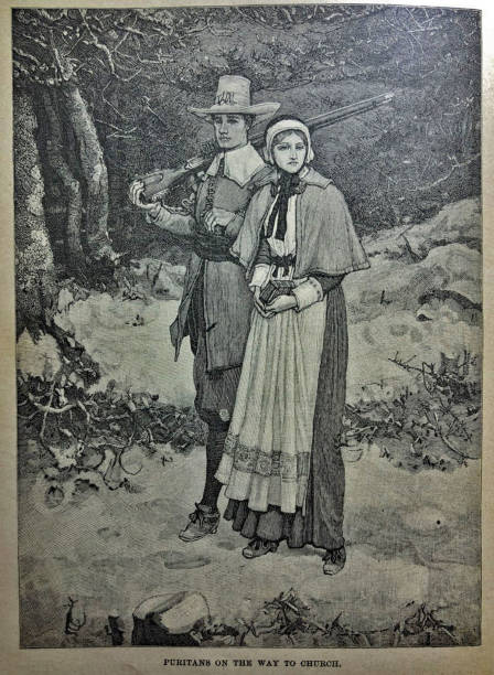 History of the United States - Puritans going to church - illustration From Barness Primary History of the United States published in 1885 pilgrim stock illustrations