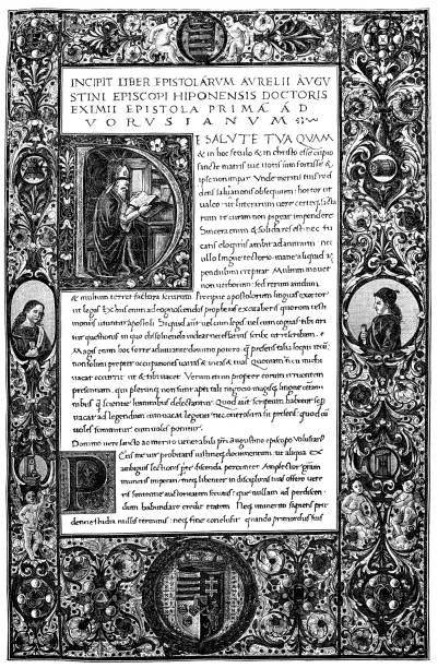 Home page from a Corvina codex.
The title page of the membrane manuscript “Sancti Augustini Epistolae” of the Vienna Imperial Court Library, painted by “Attavantes de Attavantibus” Home page from a Corvina codex.
The title page of the membrane manuscript “Sancti Augustini Epistolae” of the Vienna Imperial Court Library, painted by “Attavantes de Attavantibus” drawing of a fancy letter v stock illustrations