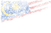 istock Horizontal creative abstract backgrounds of faded soft gradient of blue, white and red smudged water colors as in National Flag of Malaysia, blended and blotched partial design of Malaysian flag  with stripes, crescent and fourteen point star 1415319159