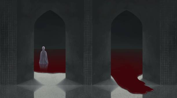 Horror spooky and ghost concept art,  lonely man in blood river, halloween day, surreal painting, conceptual artwork vector art illustration