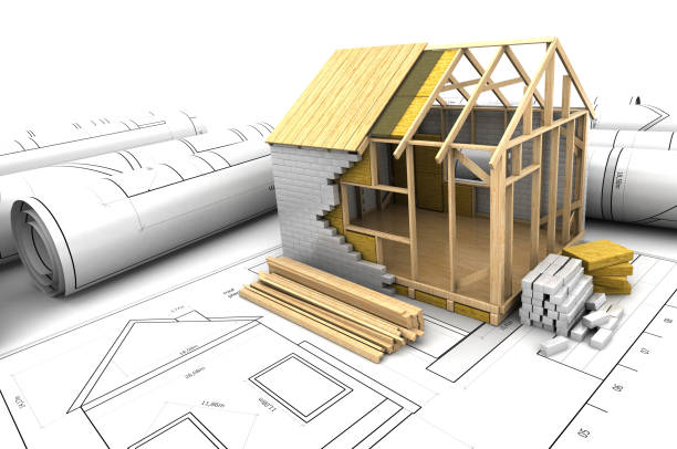 house project 3d illustration of house design project over blueprints prefabricated building stock illustrations