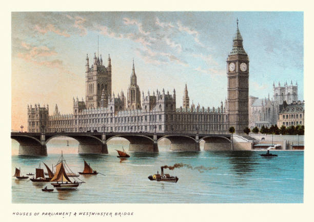Houses of Parliament and Westminster Bridge, Victorian London Landmarks, 19th Century vector art illustration