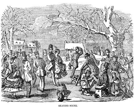Ice skaters on a frozen pond. Illustration published 1863. Source: Original edition is from my own archives. Copyright has expired and is in Public Domain.
