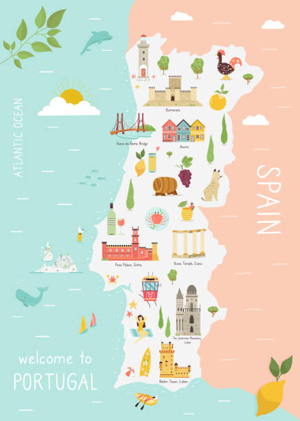ilustrações de stock, clip art, desenhos animados e ícones de illustrated map of portugal with icons, cities - alentejo