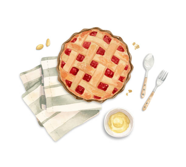 illustration - berries pie on a tea towel with cream, butter Watercolor illustration - berries pie on a tea towel with cream, butter, fork and spoon. Perfect for invitation cards, food blog and logo design, digital scrapbooking. apple pie stock illustrations