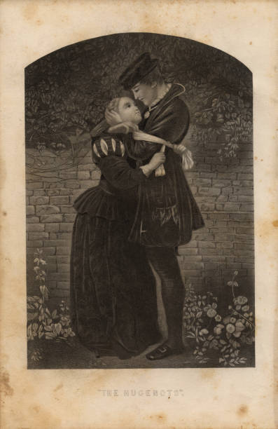 stockillustraties, clipart, cartoons en iconen met illustration, from 1875, of huguenot couple embracing - embrace man woman serious
