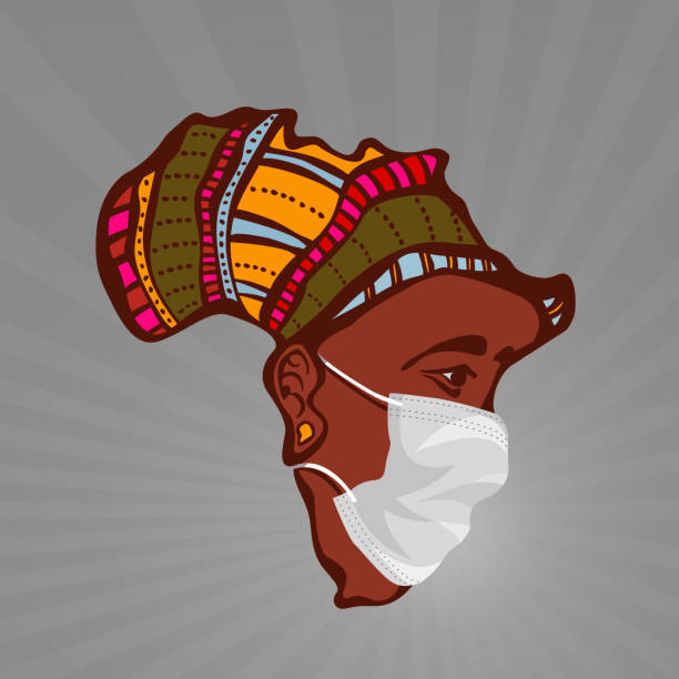 Illustration idea for the rise of Covid-19 cases and lockdowns in Africa. Illustration idea of an African woman with a face mask in the shape of Africa. south africa covid stock illustrations