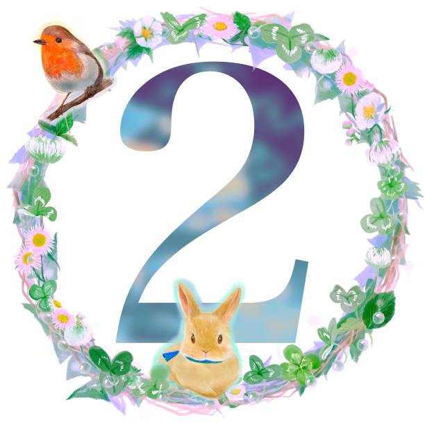 bildbanksillustrationer, clip art samt tecknat material och ikoner med illustration of a floral arrangement with cute wild animals and the number 2 in it - dwarf rabbit