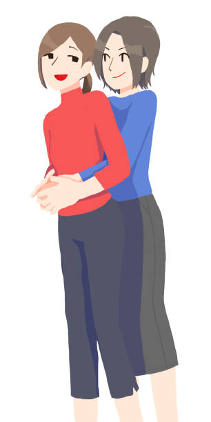 Illustration of a lesbian couple hugging from the back Illustration of a lesbian couple hugging from the back.The two are very happy. cartoon of the family reunions stock illustrations