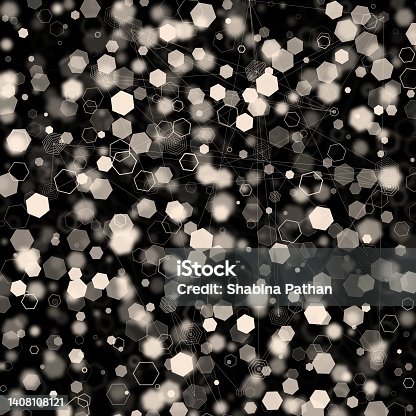 istock Illustration of an abstract light dots and blurred Hexagon backdrop like bokeh spot Hex shapes particles with connecting lines on black background 1408108121