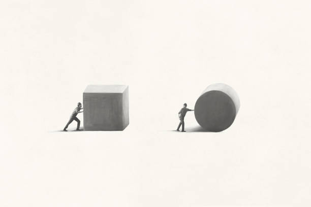 illustration of business men pushing different solid shape, surreal smart strategy concept vector art illustration