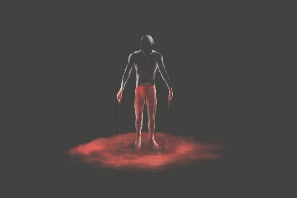 Illustration of man bleeding in a red bloody puddle, surreal dark concept vector art illustration