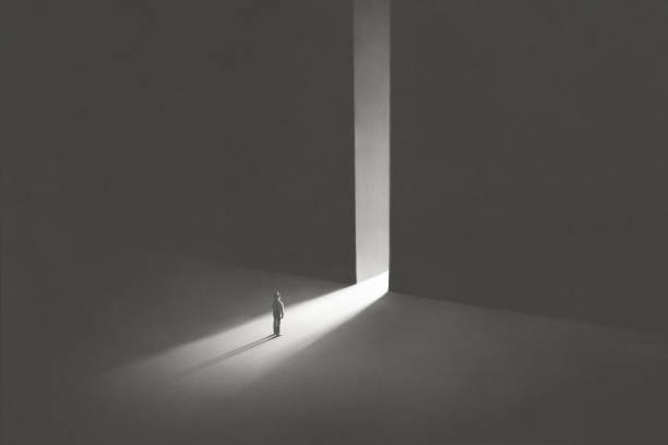illustration of man entering in an open light door, surreal abstract concept vector art illustration