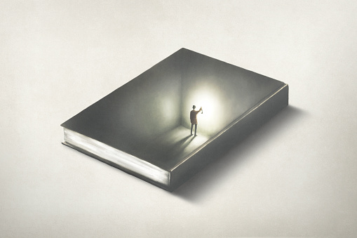 illustration of man inside a book, surreal optical illusion educational concept