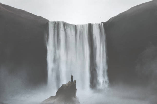 illustration of man looking at majestic powerful waterfall, natural concept vector art illustration