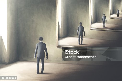 istock illustration of man reflecting himself in the mirror, loop surreal concept 1313859236