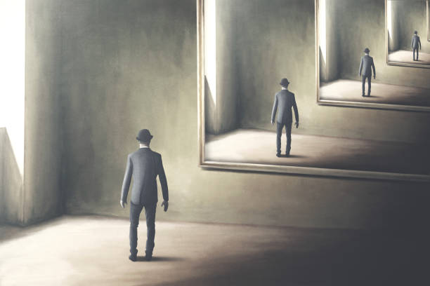 거울에 자신을 반영하는 남자의 그림, 루프 초현실적 인 개념 - 반사 광학 작용 stock illustrations