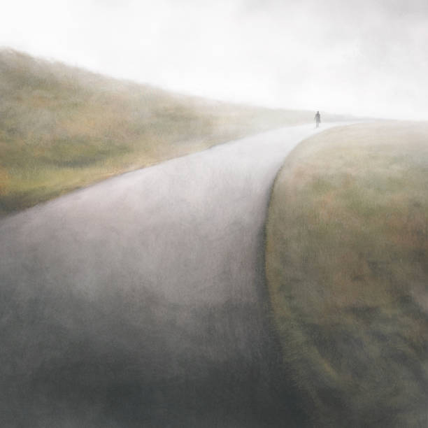 illustration of man walking in a country road vector art illustration