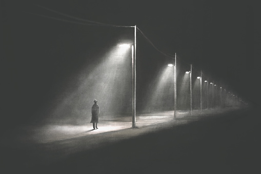 Illustration of mysterious lonely man walking alone in the dark, surreal abstract concept