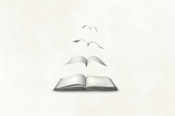 Illustration of pages flying out of a book, surreal philosophy concept vector art illustration