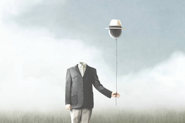 illustration of surreal man without face holding a black balloon, surreal  abstract concept vector art illustration
