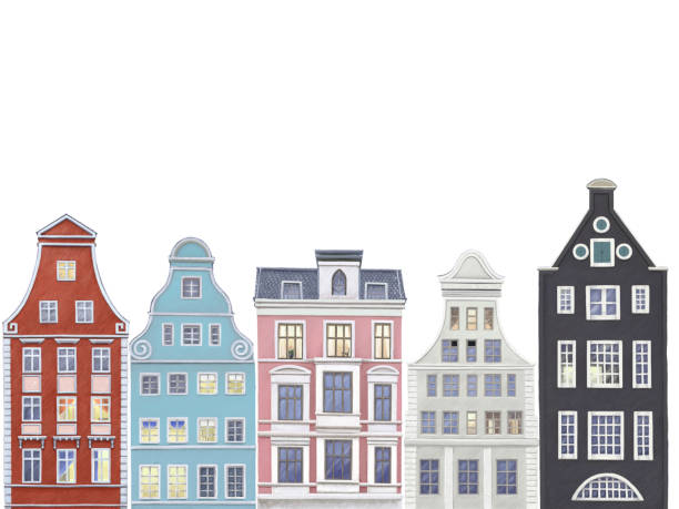 ilustrações de stock, clip art, desenhos animados e ícones de illustration of the facades of ancient european houses. - amsterdam street