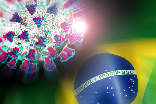 covid-19 바이러스의 변이체의 삽화. 브라질 코로나 바이러스 변형, 브라질 국기. - south africa covid stock illustrations